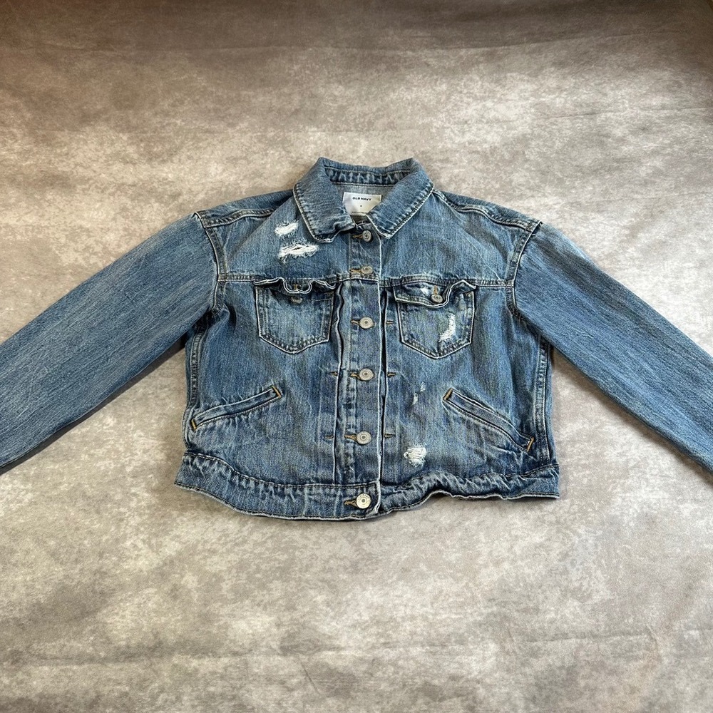 Old Navy Distressed Denim Jacket Womens Small Blue Cotton Jean Trucker‎ Crop